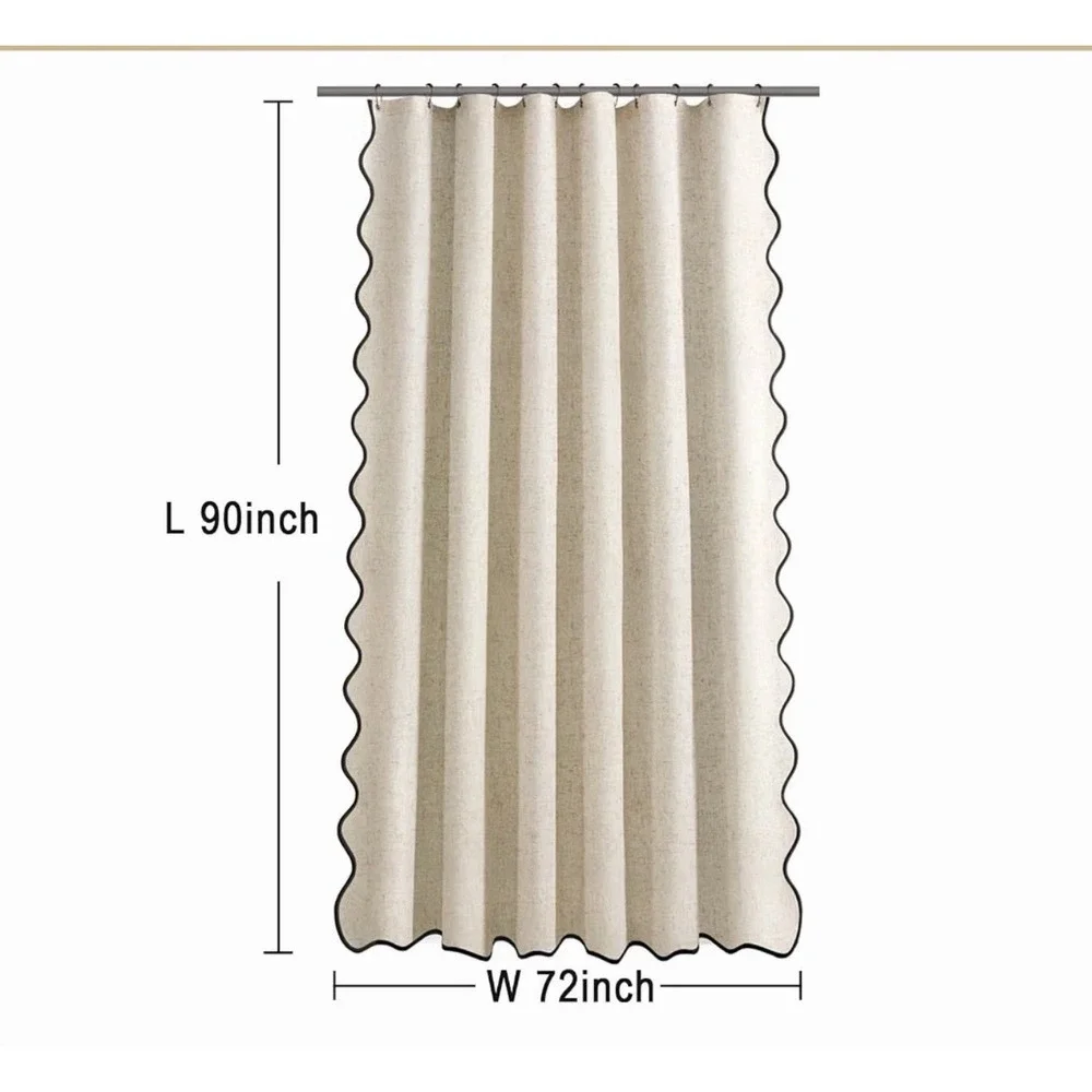Extra Long Boho Shower Curtain - 90 Inch Long Scalloped Linen Textured Thick NIB